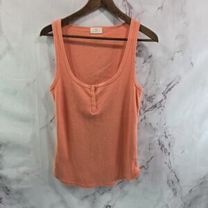 Anthropologie Top Womens Medium Tank Orange Ribbed Henley Scoop Peach Tla